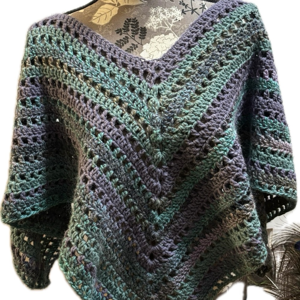 Elegant Green and Purple Crochet Poncho